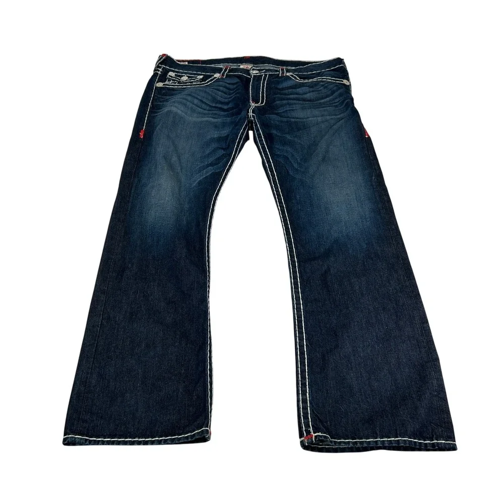 True Religion Ricky Super T Mens 40 Dark Wash Contrast Stitch Straight Jeans USA
